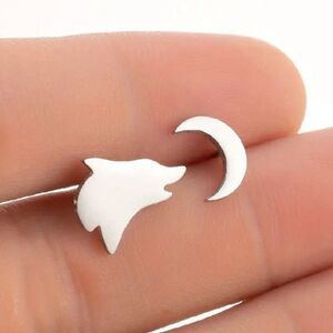 Lunar Canine: Wolf and Crescent Moon Stainless Steel Minimalist Post Earrings